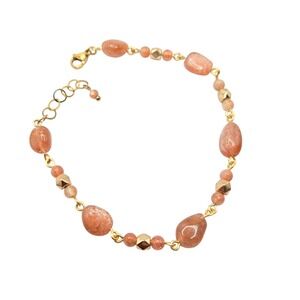 Natural Sunstone Beaded Bracelet 24k Gold Plated, Adjustable Handcrafted